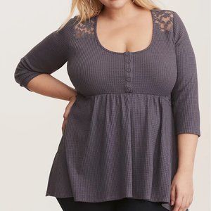 Torrid Grey Lace Waffle Knit Babydoll Top